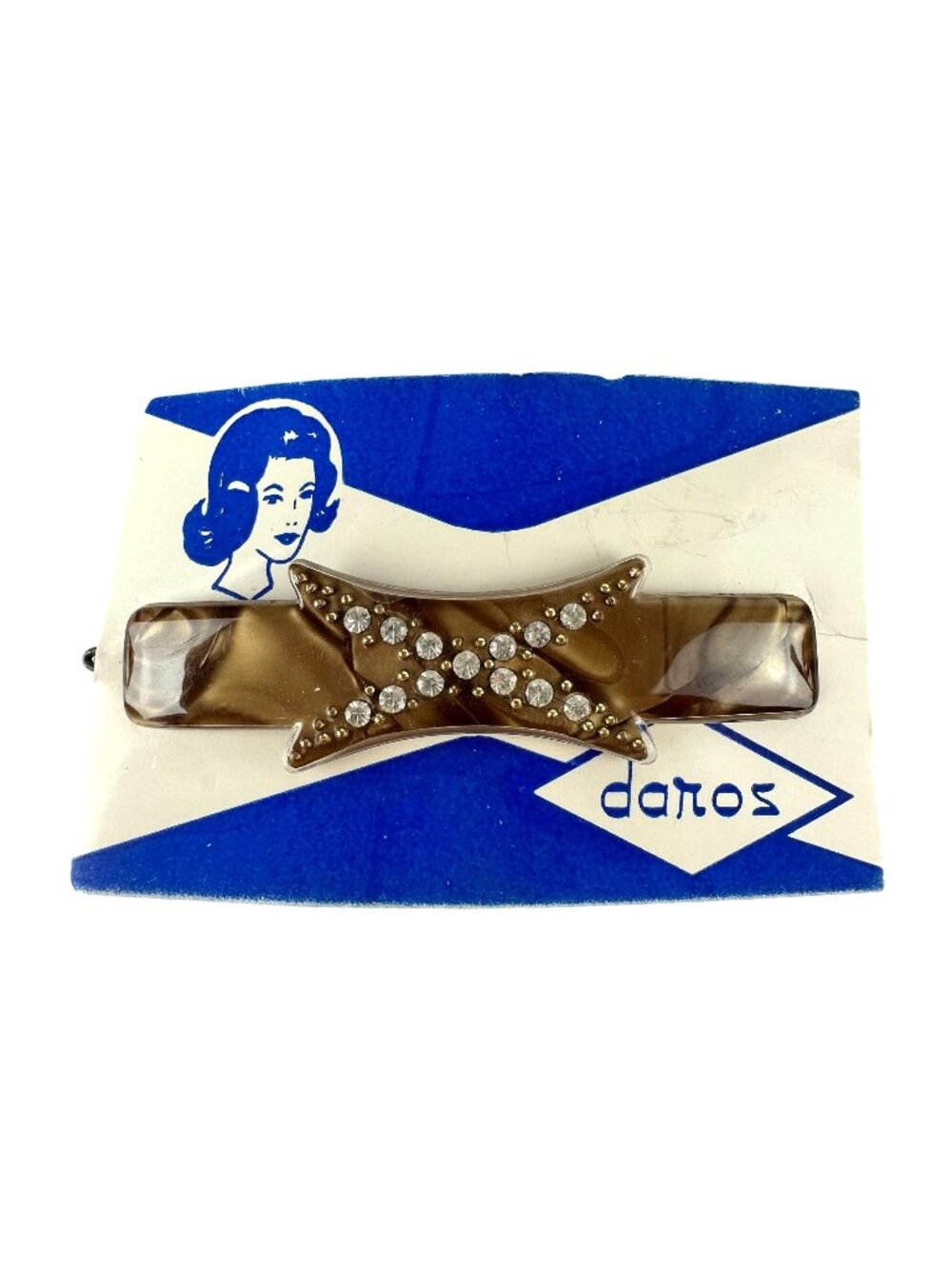Vintage Daros Rhinestone Star Hair Clip Barrette Brown & Clear Lucite 3.5"